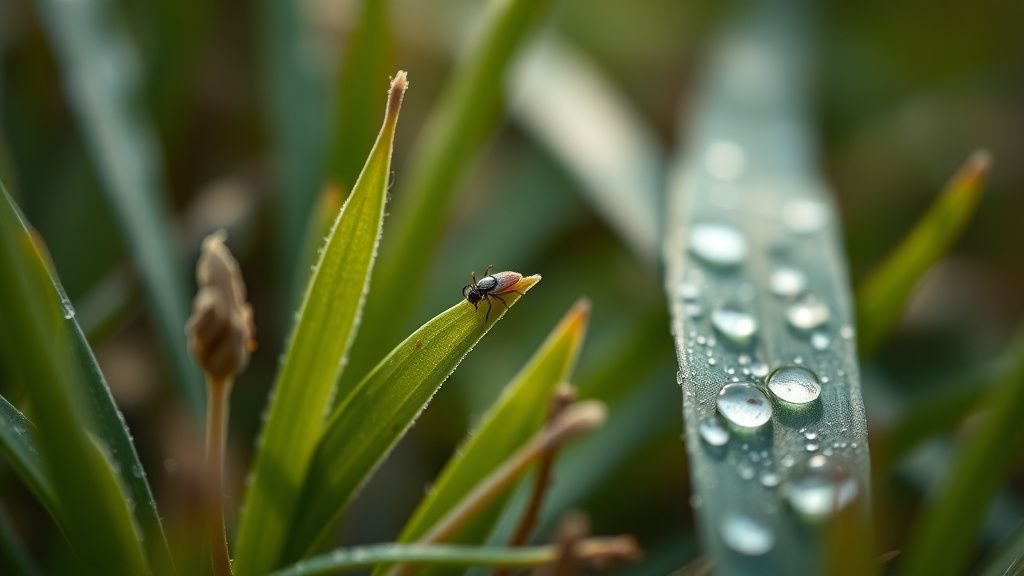 Gros plan sur une tique posée sur une herbe humide dans un sous-bois