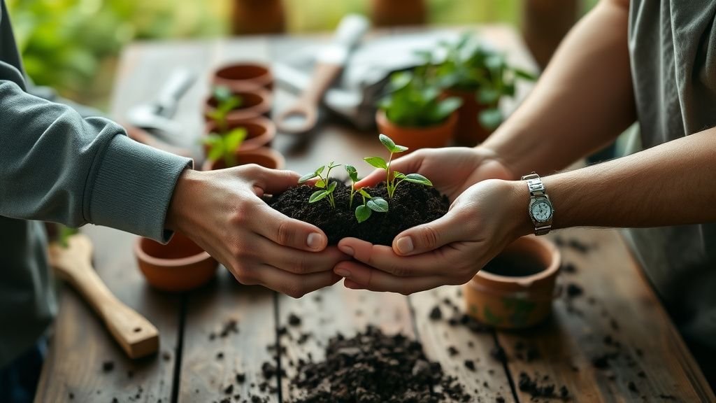 Mains échangeant de jeunes plants sur une table en bois dans une ferme