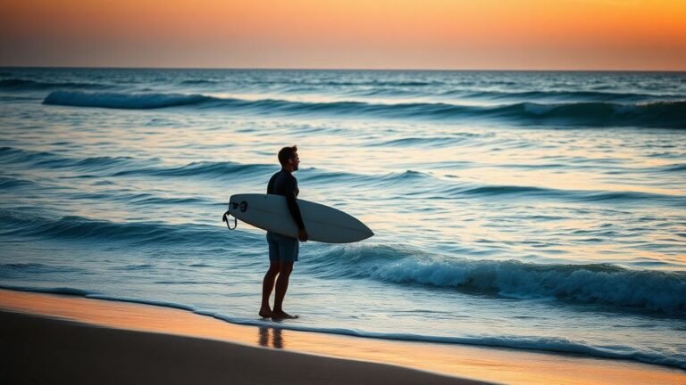 Surfeur debout au bord de l’océan au lever du jour, avec vagues naturelles et lumière douce