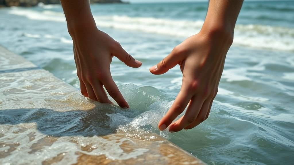 Mains au contact de l’eau sur le bord d’un bassin de surf près du littoral