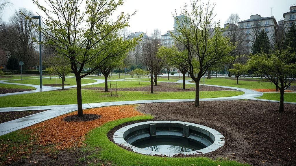 Parc urbain européen avec sols perméables et bassin de rétention après la pluie