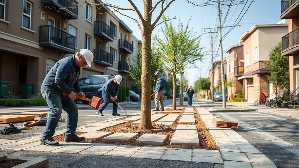 Pose de pavés perméables autour d’arbres de rue dans un quartier urbain