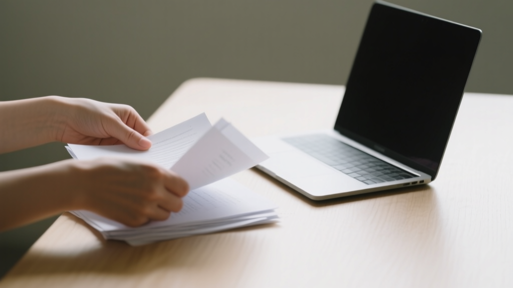 Mains triant des documents sur une table en bois, dans une ambiance de préparation sobre et naturelle
