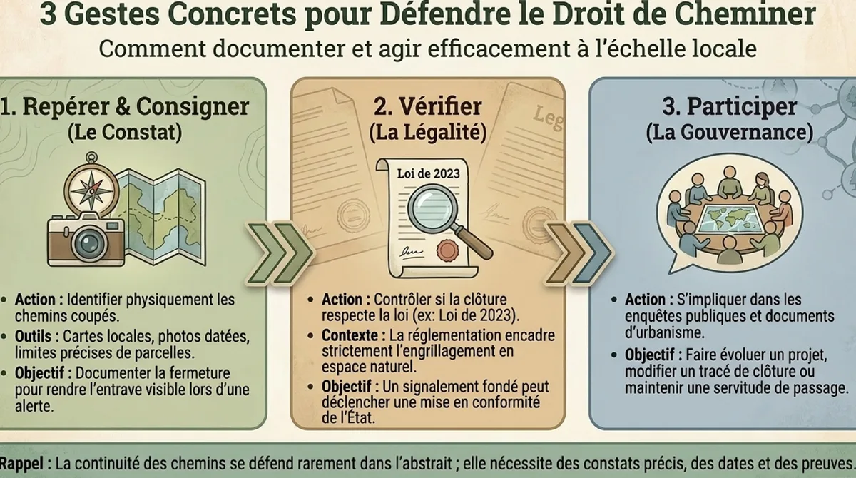 Infographie Trois gestes concrets pour défendre le droit de cheminer