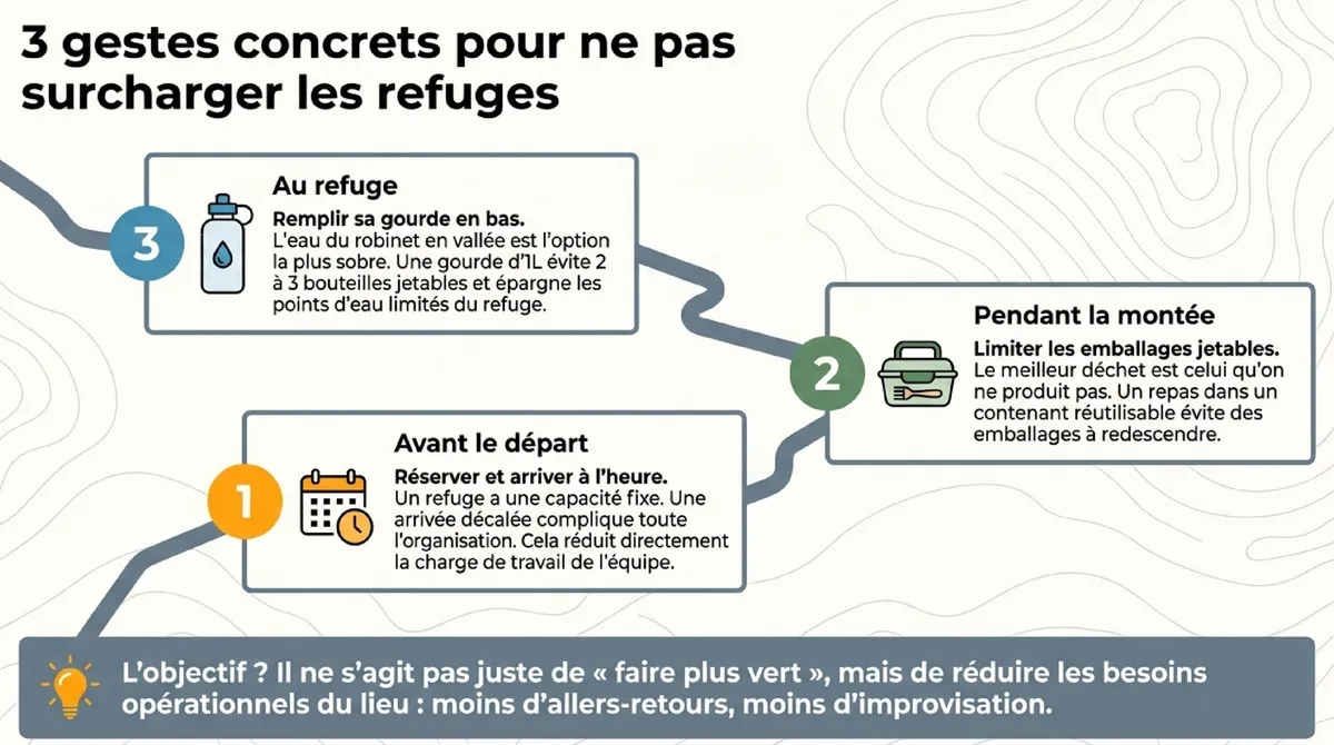 Infographie Trois gestes concrets pour randonner sans surcharger les refuges