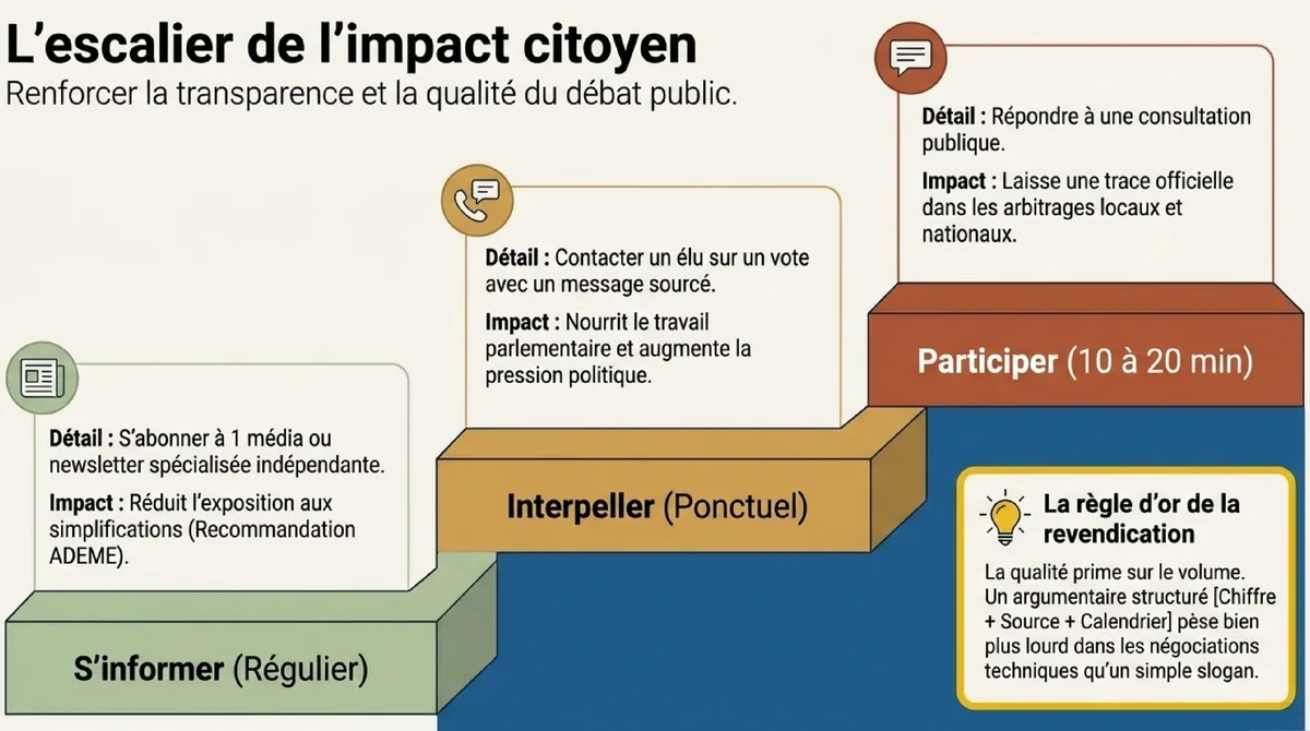 Infographie Trois gestes concrets pour soutenir une écologie plus démocratique