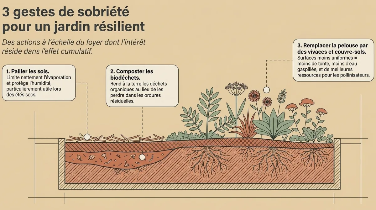 Infographie Trois gestes concrets pour un jardin plus sobre