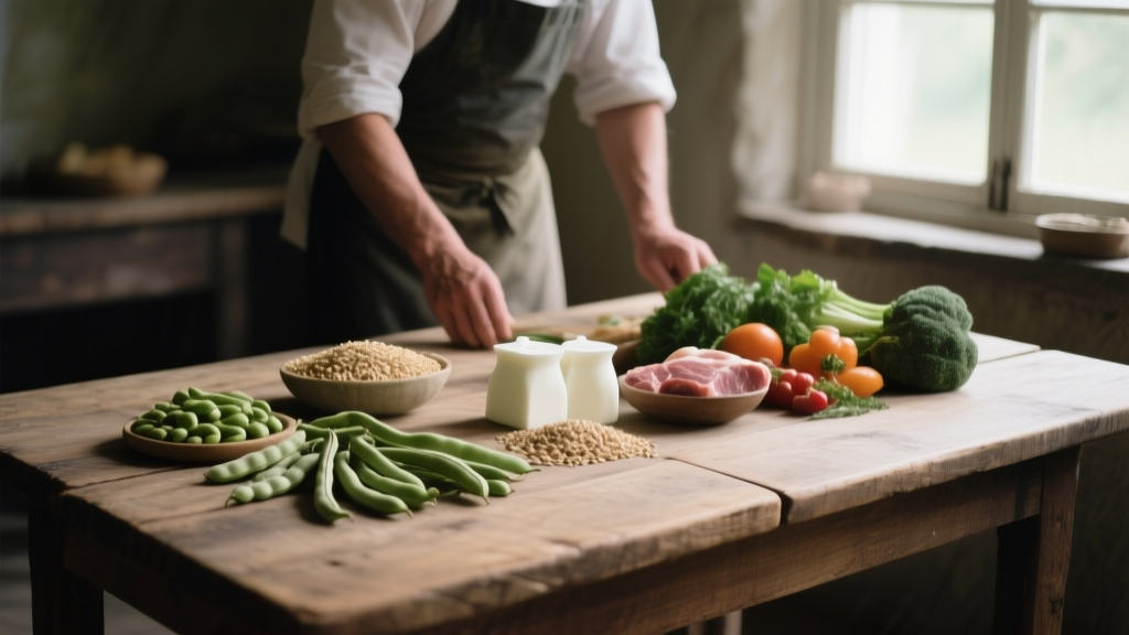 Légumineuses, légumes et quelques produits animaux disposés sur une table en bois sous lumière naturelle