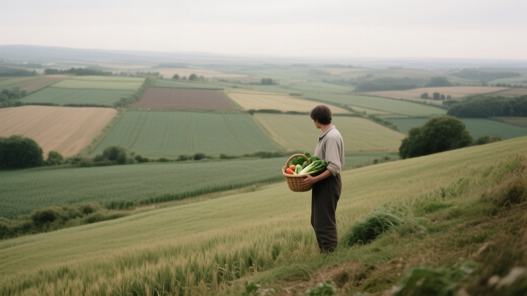 Paysage agricole mêlant champs et pâturages avec une personne tenant un panier de légumes