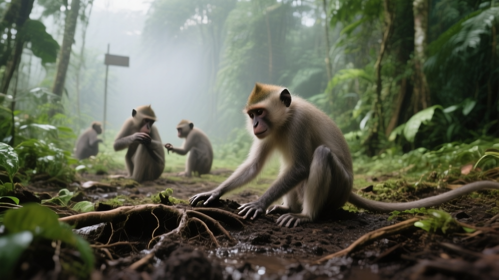 Primates sauvages dans une forêt tropicale, l’un touchant le sol humide au milieu d’une végétation dense