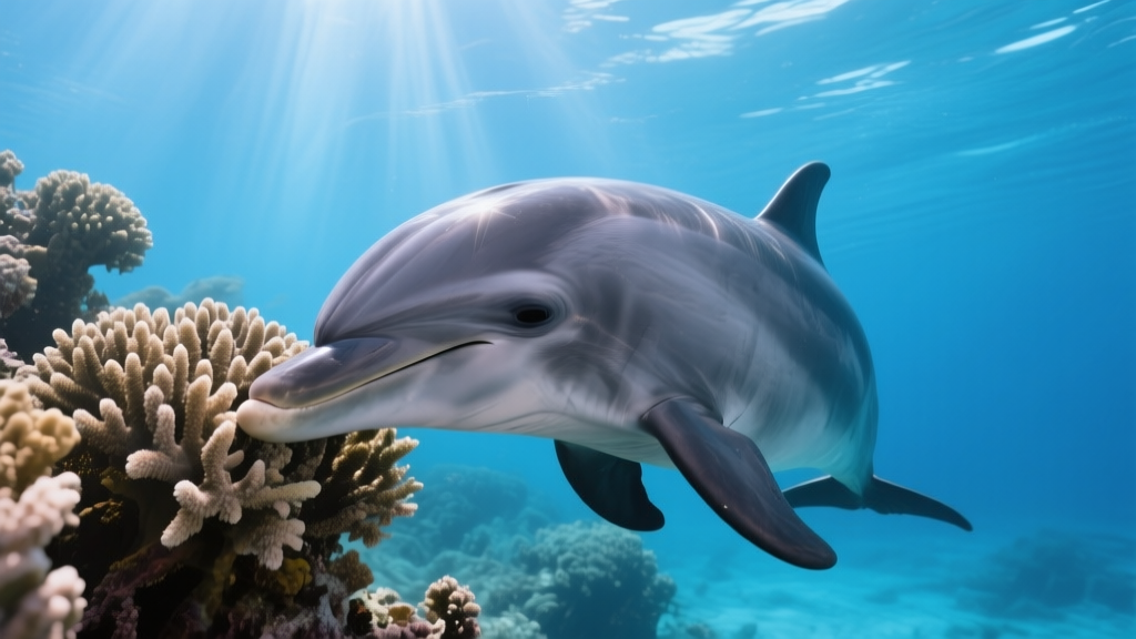 Dauphin près d’un récif corallien, frottant sa peau dans une eau claire et lumineuse