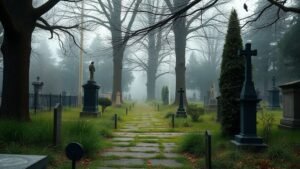 Ancien cimetière urbain avec grands arbres, herbes sauvages et oiseaux dans une lumière matinale douce