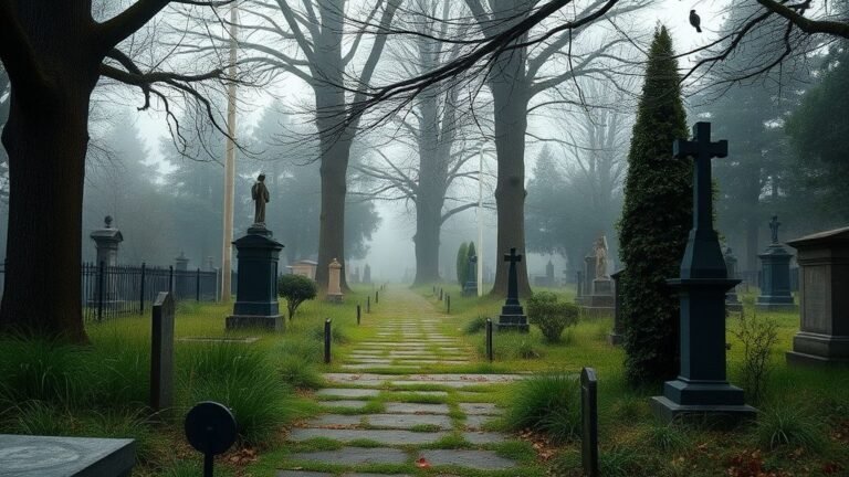 Ancien cimetière urbain avec grands arbres, herbes sauvages et oiseaux dans une lumière matinale douce