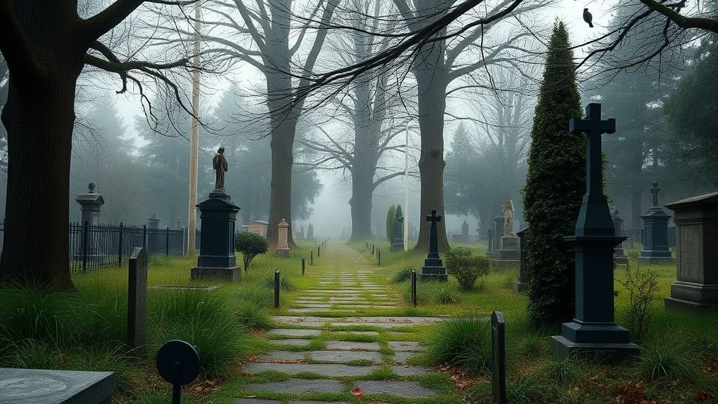 Ancien cimetière urbain avec grands arbres, herbes sauvages et oiseaux dans une lumière matinale douce