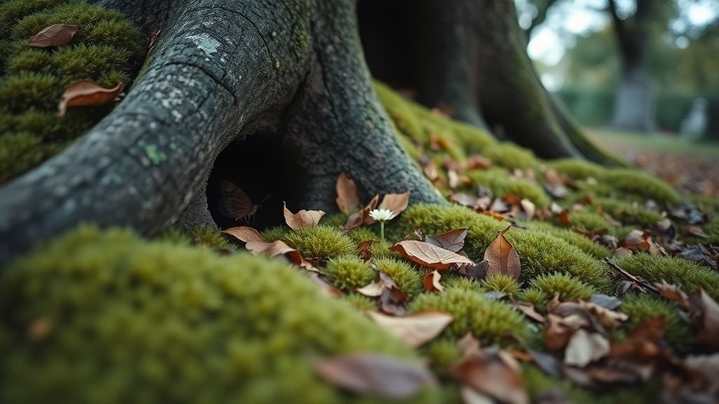Sous-bois de cimetière avec mousse, feuilles mortes, tronc creux et petites fleurs sauvages