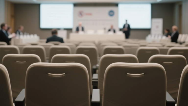 Salle de conférence internationale presque vide, avec quelques délégués flous en arrière-plan