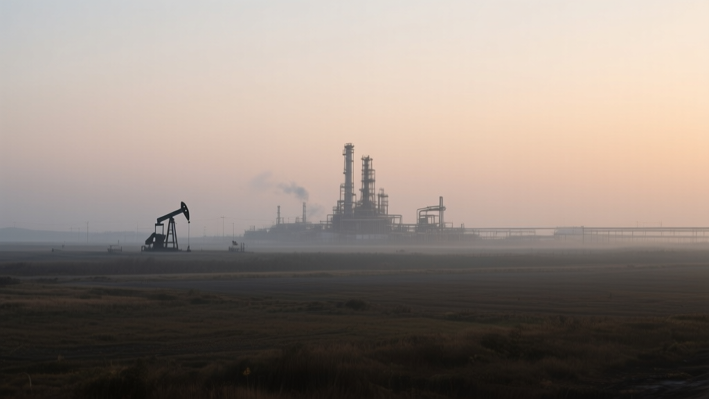 Paysage industriel pétrolier au crépuscule avec installations discrètes et atmosphère brumeuse