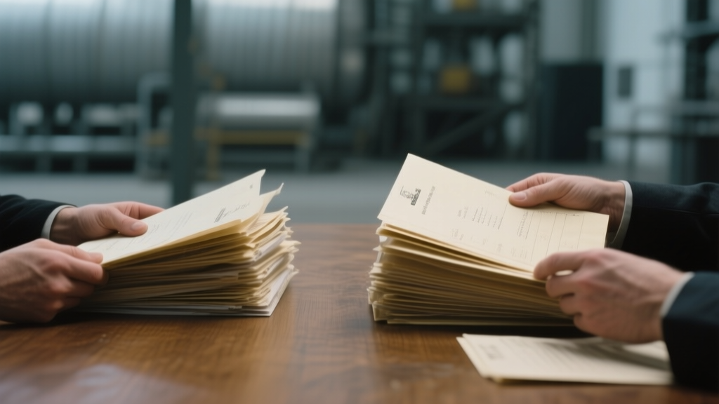 Mains posées sur des dossiers juridiques anonymes devant un fond industriel flou