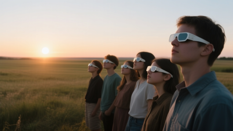 Personnes observant une éclipse solaire au coucher du Soleil dans un champ dégagé