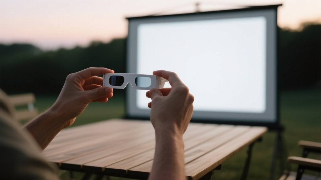 Mains tenant des lunettes d’éclipse et un écran blanc de projection sur une table en extérieur
