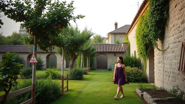 Femme marchant dans un jardin urbain verdoyant près de vieux murs en pierre sous une lumière douce