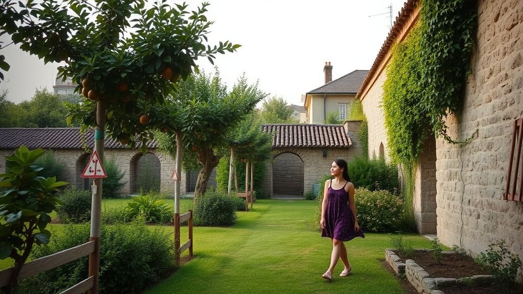 Femme marchant dans un jardin urbain verdoyant près de vieux murs en pierre sous une lumière douce