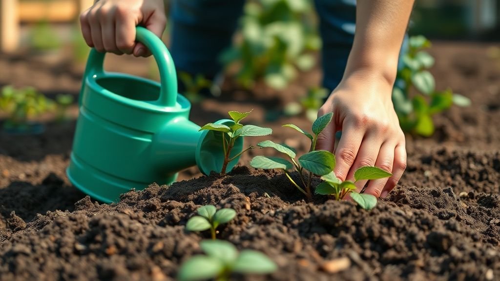 Mains touchant la terre et des feuilles dans un jardin partagé, en lumière naturelle