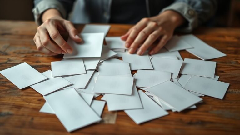Mains disposant des cartes neutres sur une table en bois dans une ambiance de débat politique