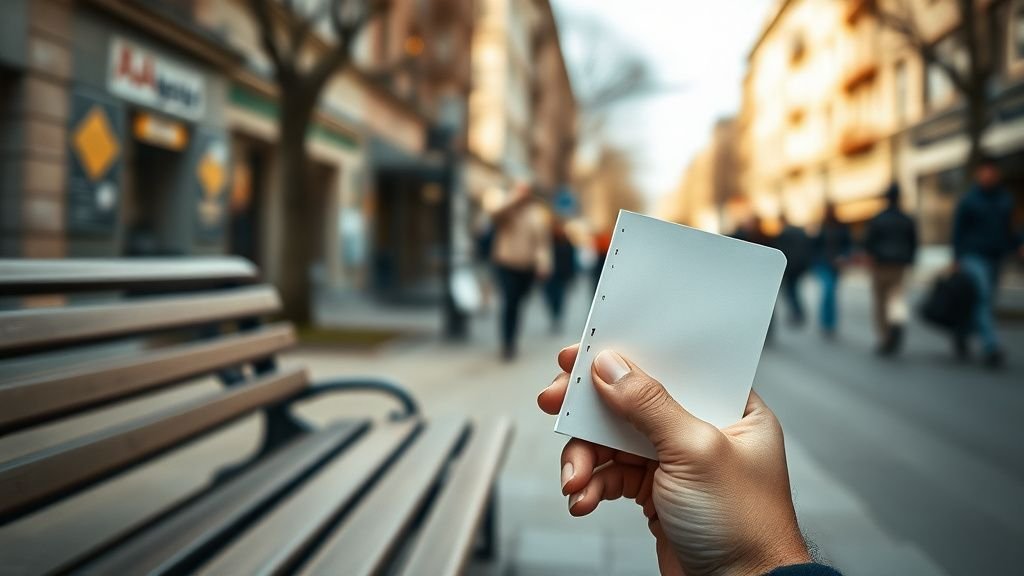 Scène urbaine avec un carnet sans texte tenu à la main dans une atmosphère de réflexion