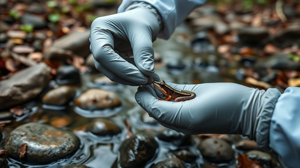 Mains gantées examinant une petite rainette près d’un ruisseau en forêt