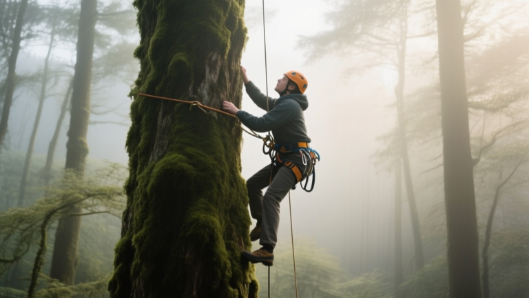 Personne grimpant doucement à un grand arbre dans une forêt calme, lumière du matin et ambiance naturelle