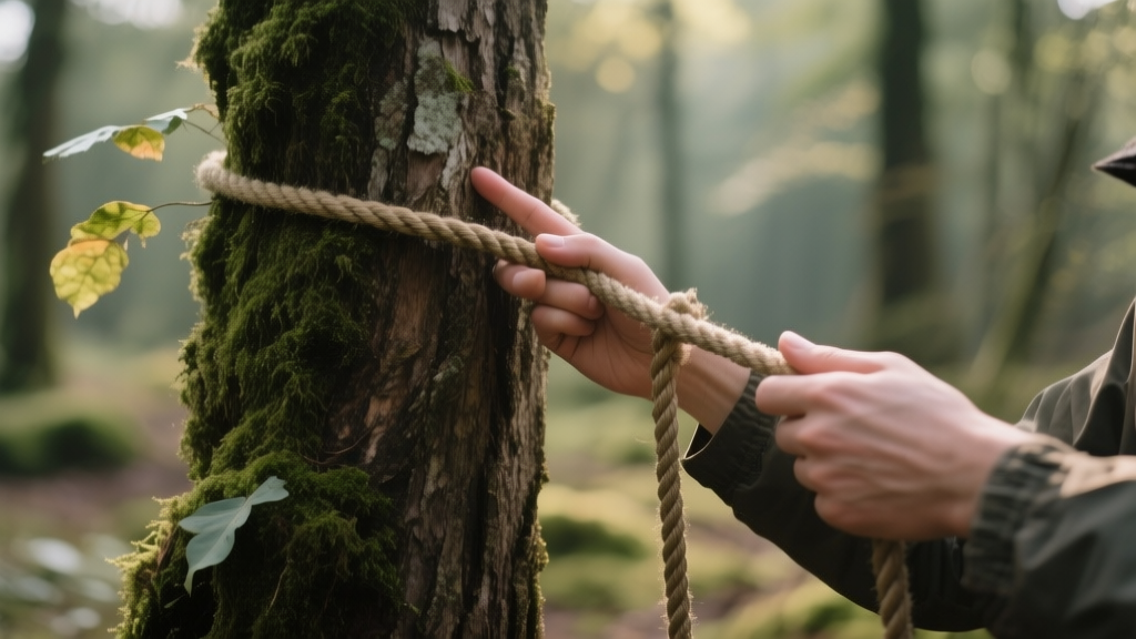 Mains tenant une corde et touchant l’écorce d’un arbre dans une clairière forestière
