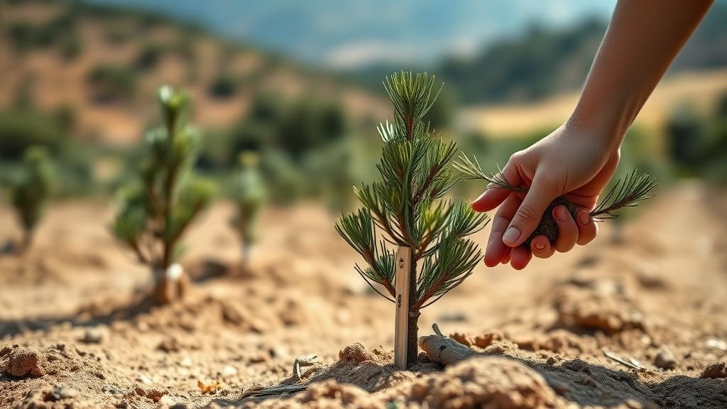 Mains touchant de jeunes plants de pins dans un sol sec sur fond de colline provençale