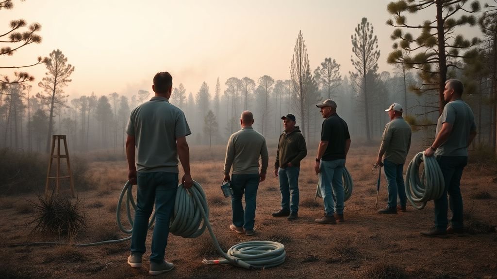 Brigade citoyenne dans une forêt sèche au lever du jour, prête à surveiller un départ de feu