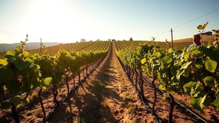 Vignoble sous forte chaleur avec sol sec et rangs de vigne en été