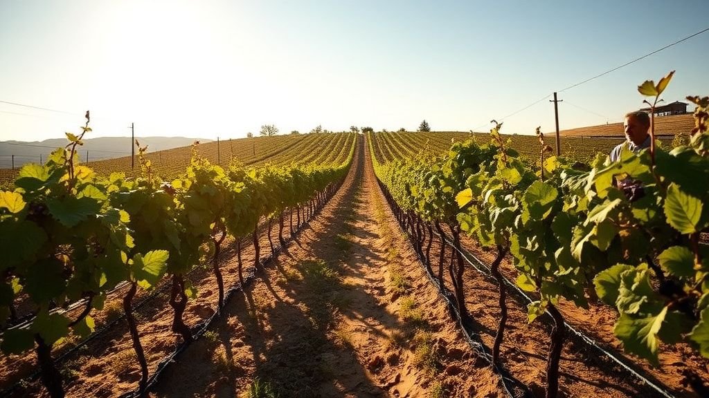 Vignoble sous forte chaleur avec sol sec et rangs de vigne en été
