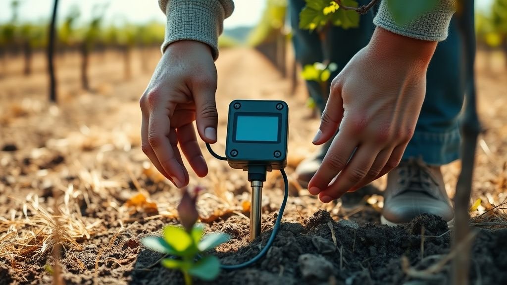 Mains vérifiant l’humidité du sol dans une vigne avec un capteur discret
