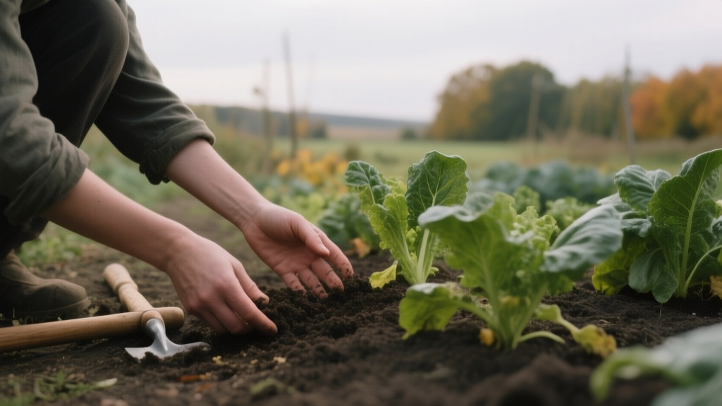 Mains touchant la terre dans un potager calme à l’automne sous lumière naturelle
