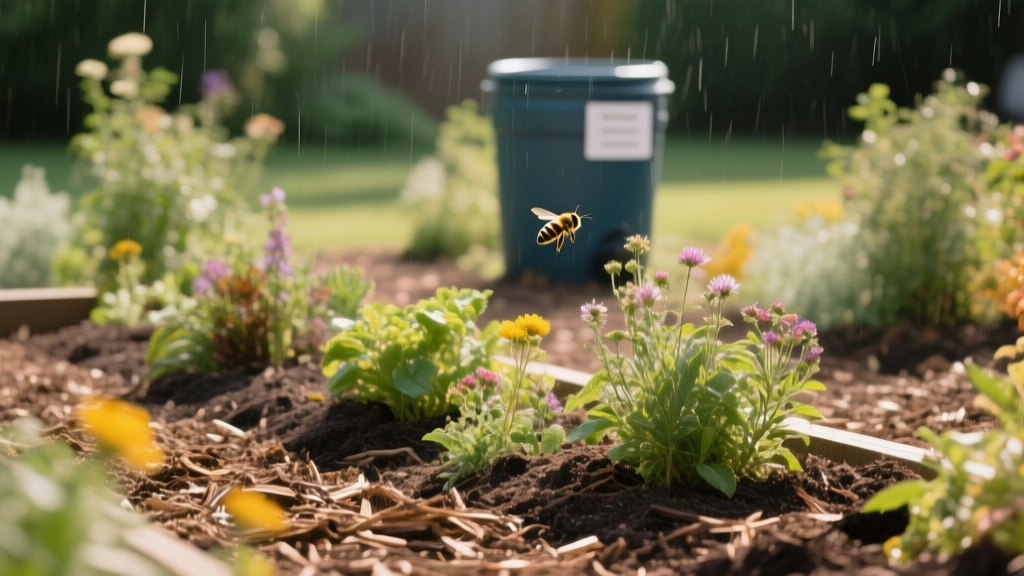 Parterre paillé avec fleurs et insectes pollinisateurs dans un jardin sobre et vivant