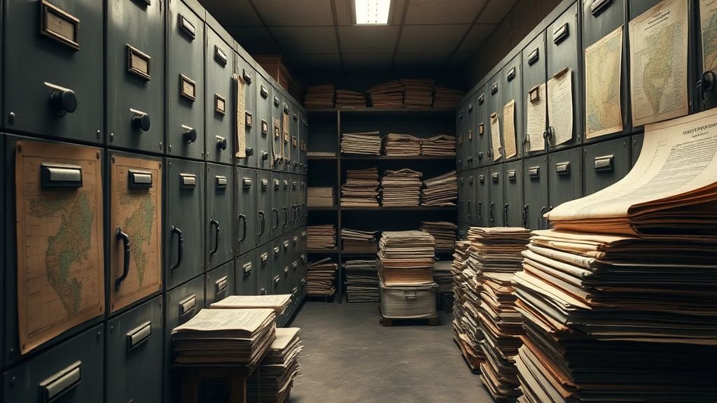 Archives géologiques anciennes rangées dans des armoires métalliques, lumière naturelle et ambiance documentaire
