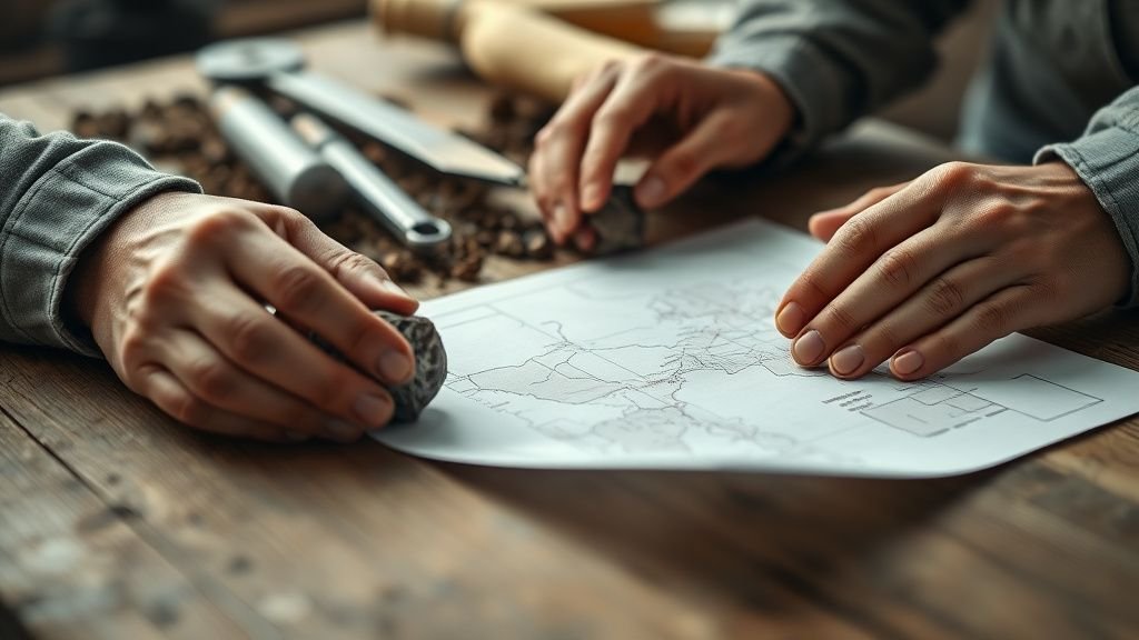 Mains examinant une roche et une carte vierge sur une table en bois, lumière naturelle