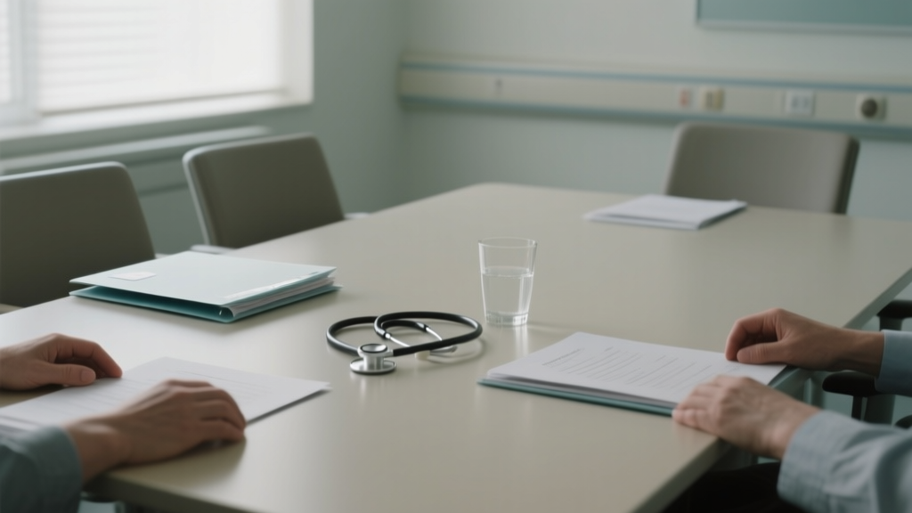 Réunion sobre autour de la santé publique avec des mains anonymes et du matériel médical sur une table