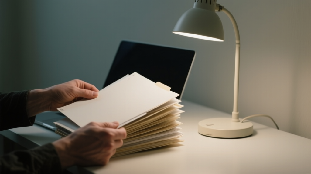 Mains feuilletant des dossiers anonymes dans une ambiance de travail sobre et documentaire