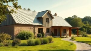Maison rénovée en terre et bois entourée de verdure sous une lumière naturelle d’été