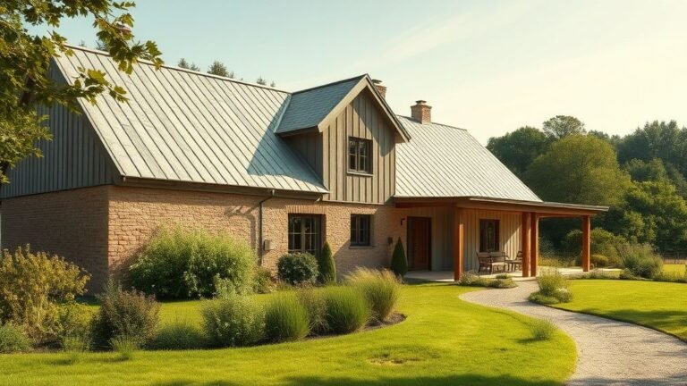 Maison rénovée en terre et bois entourée de verdure sous une lumière naturelle d’été