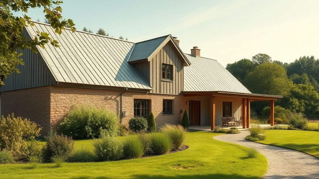 Maison rénovée en terre et bois entourée de verdure sous une lumière naturelle d’été