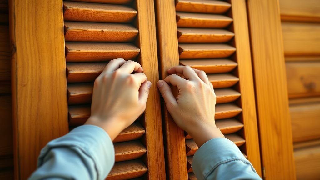 Mains fermant des volets extérieurs en bois sur une façade de maison sous le soleil