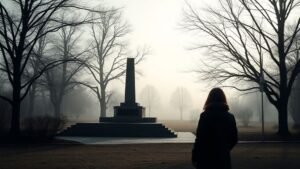 Paysage mémoriel sobre avec monument en pierre et brume légère pour évoquer la mémoire nucléaire