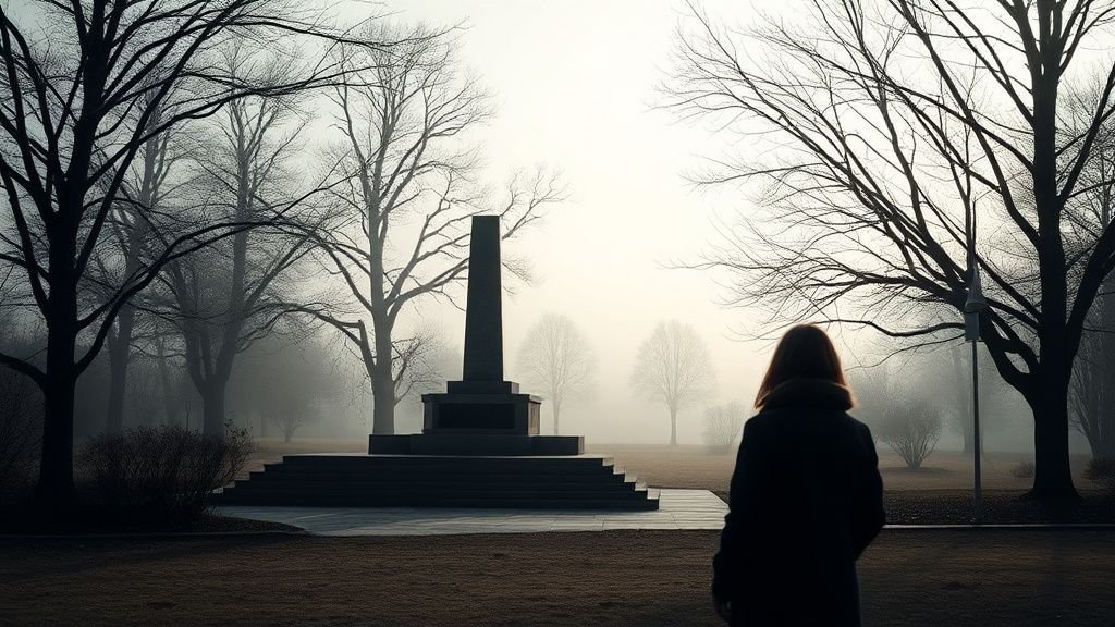 Paysage mémoriel sobre avec monument en pierre et brume légère pour évoquer la mémoire nucléaire