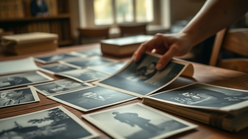 Mains feuilletant des archives photographiques dans une lumière douce pour illustrer la transmission de la mémoire